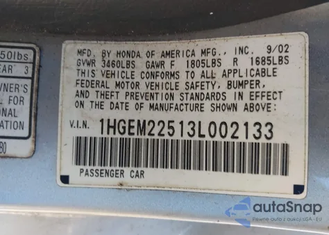 2003 Honda Civic Lx из США, поврежденный, VIN 1HGEM22513L002133